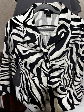 Luii Zebra Print Cinched Waist Jacket Blazer Black White Peplum Size Medium